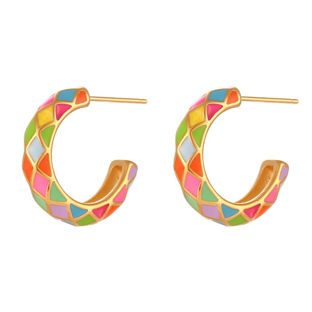 Multi Color Geometric Pattern Hoop Earrings 18K Gold‎ Plated Stainless